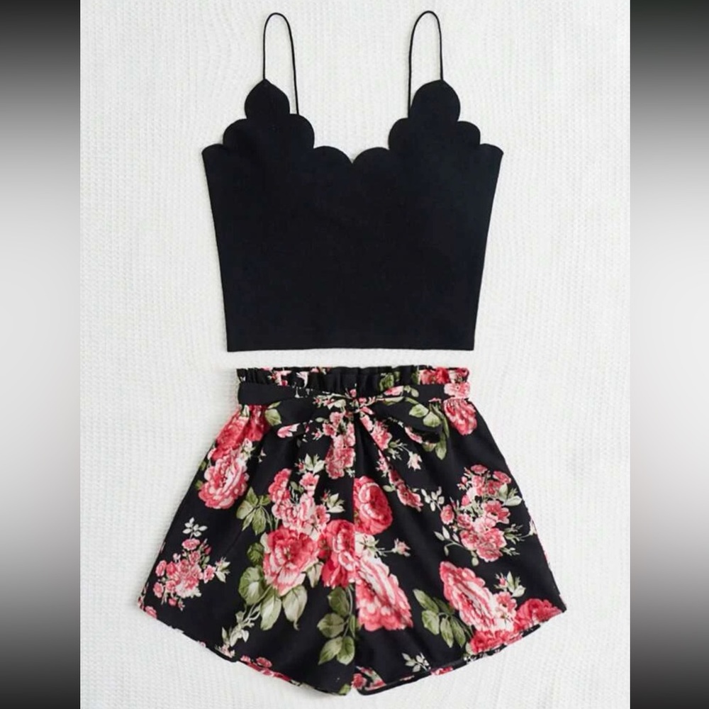 Boho scallop trim cami top and floral print paper bag waist shorts 2 piece set - Picture 10 of 10